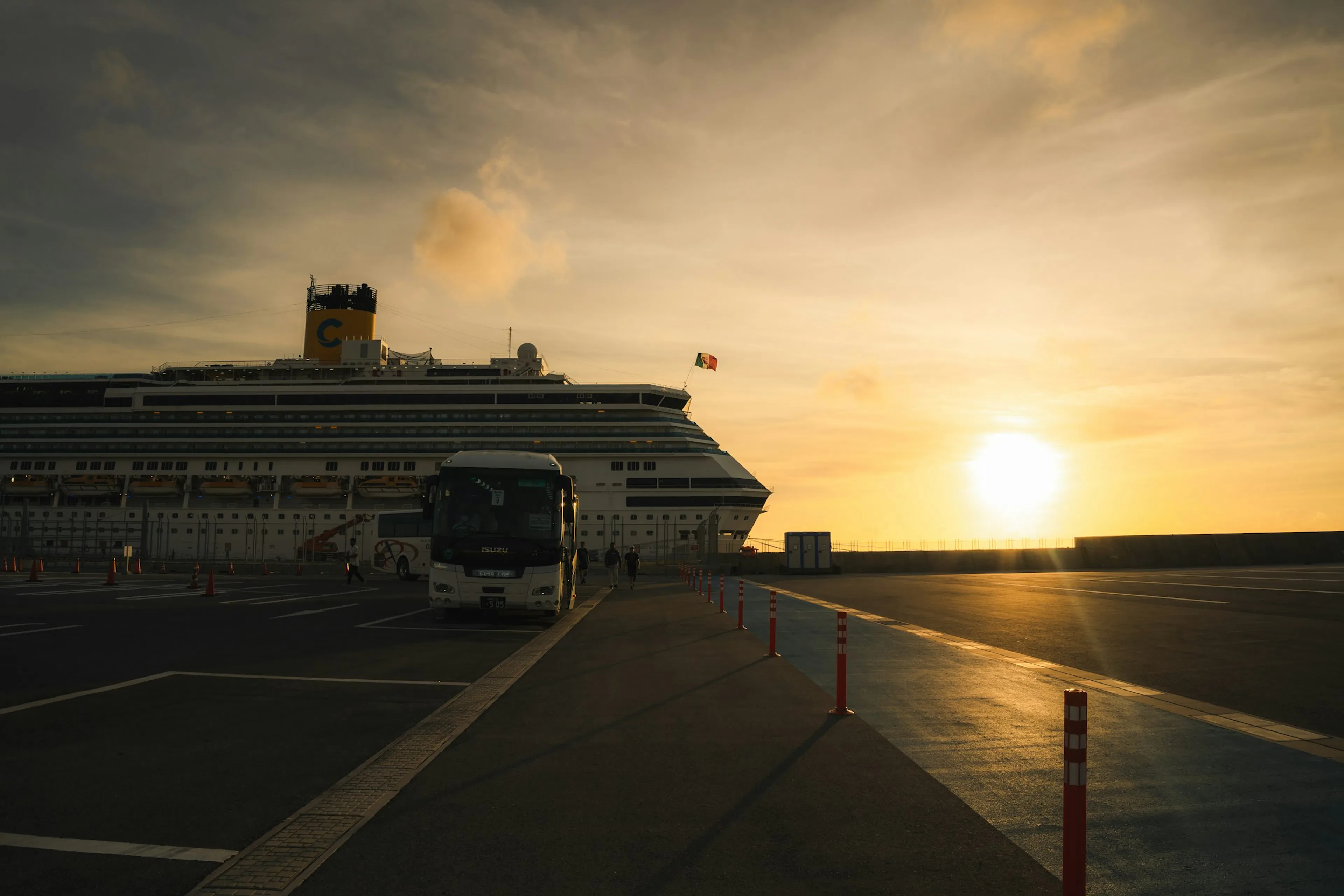 Cruise ship docked at Naha port, Okinawa at sunset