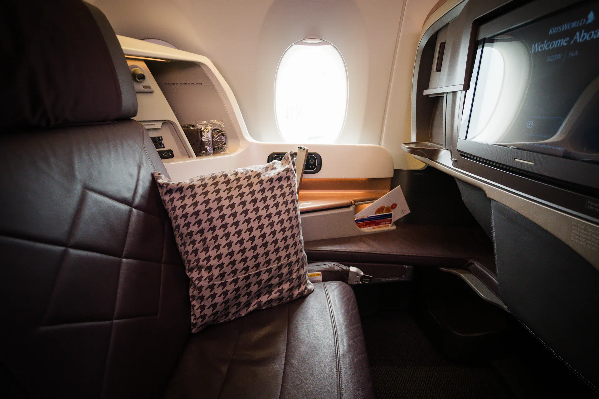 Business class leather seat with entertainment screen