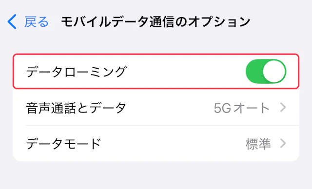 データローミングをオンにした状態に赤枠