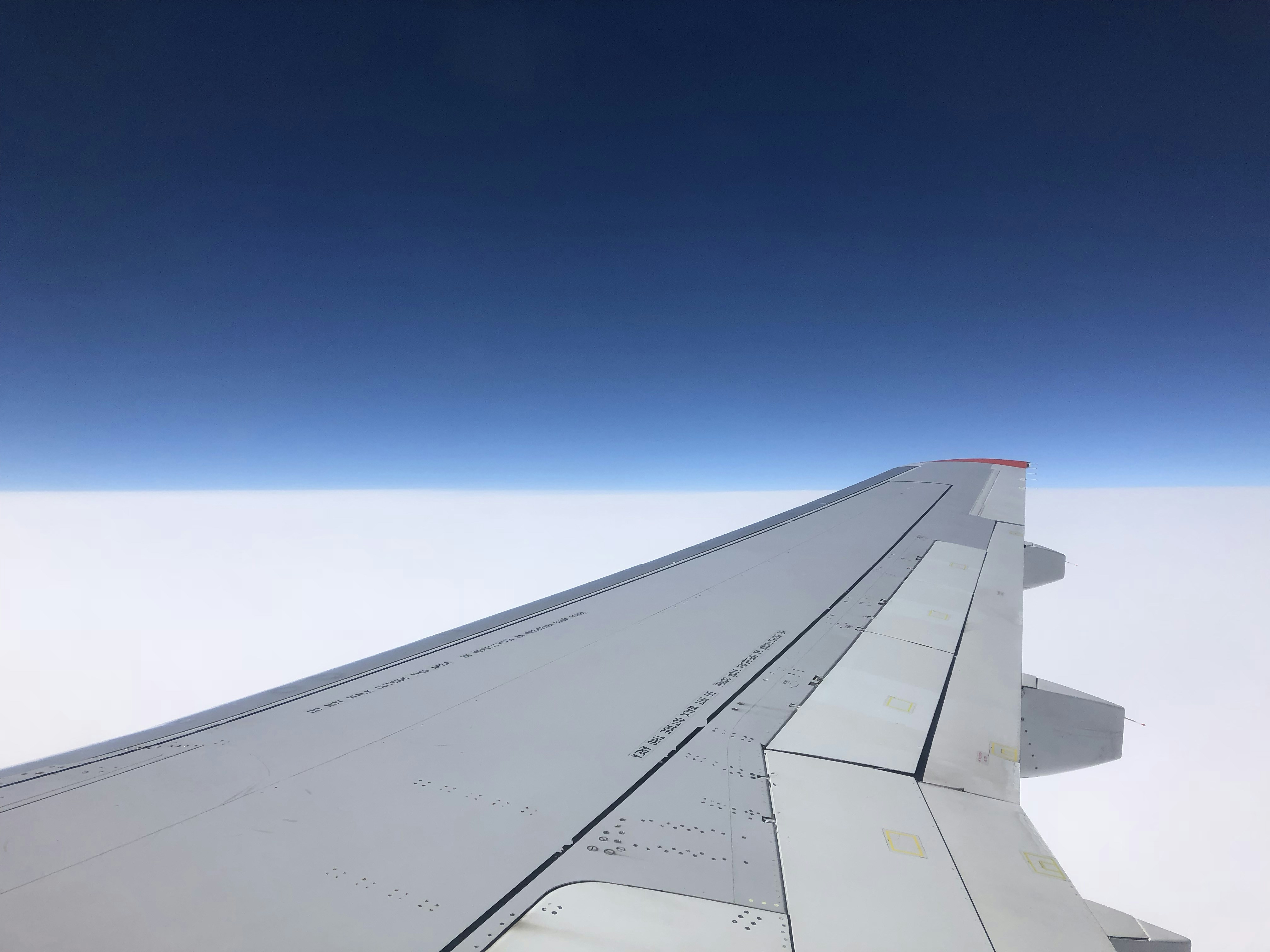 飛行機の窓から見える翼と、青い空と雲海