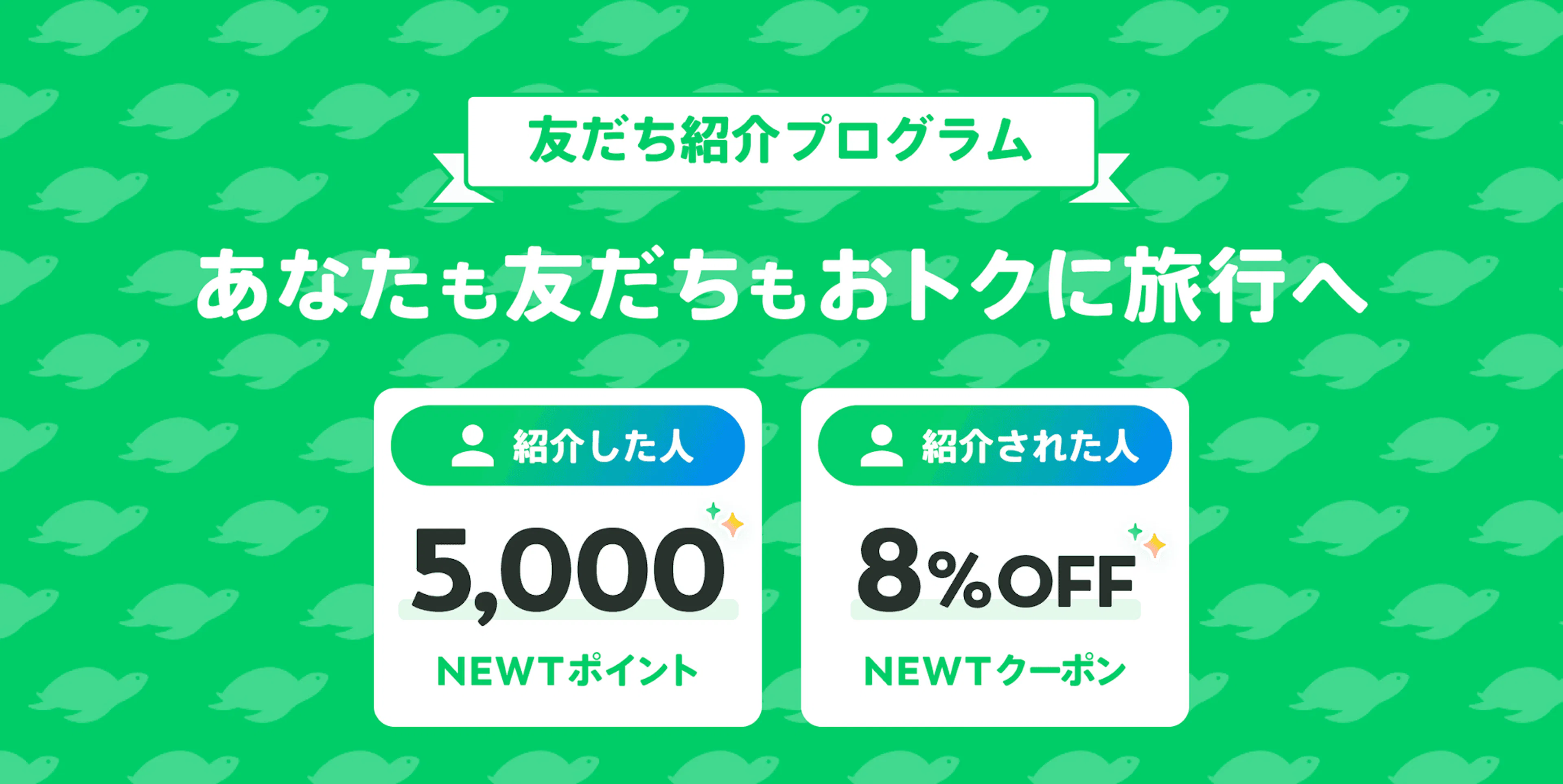 友だち紹介プログラム あなたも友だちもおトクに旅行へ 紹介した人 5,000pt 紹介された人 8%OFF